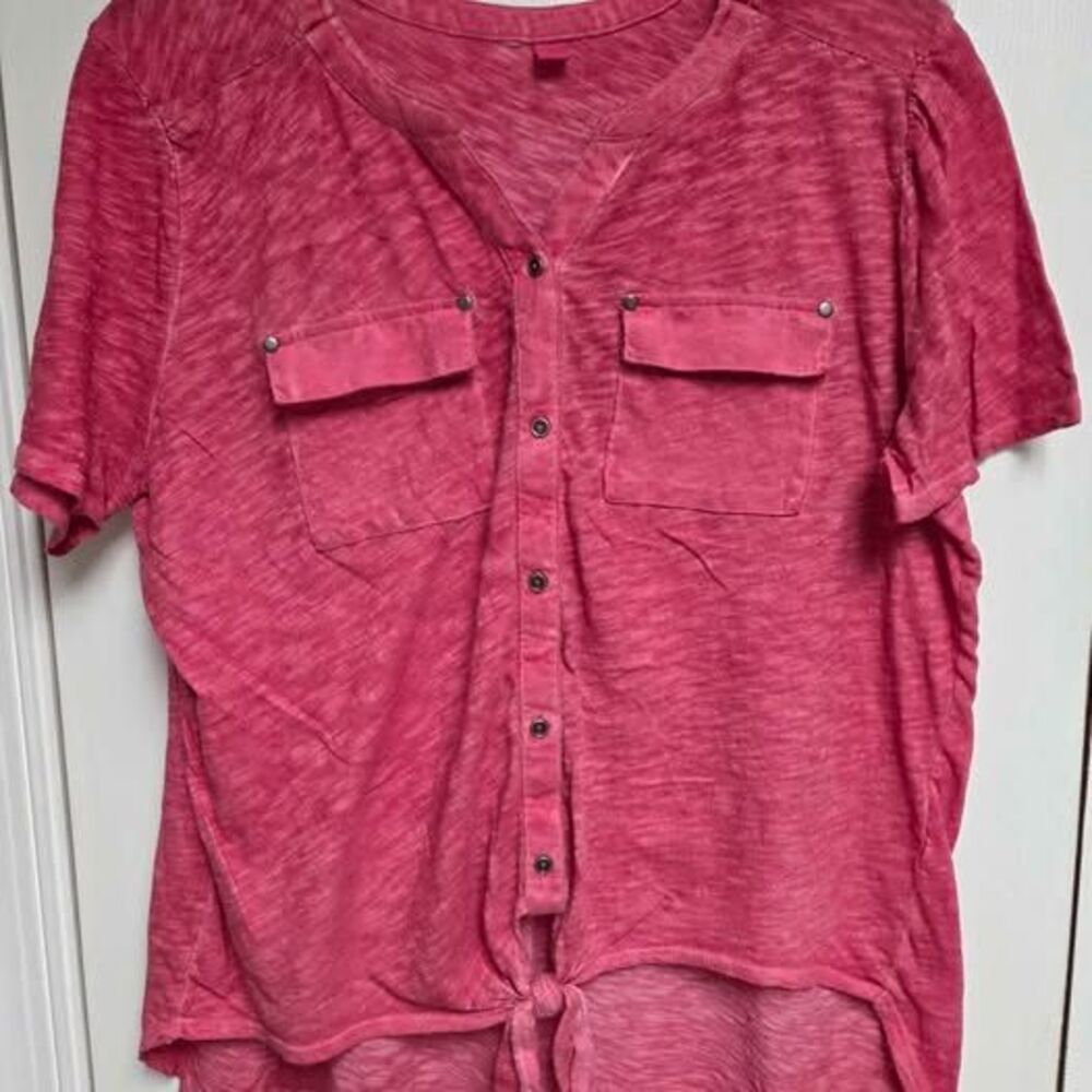 Womens Large heathered pink short sleeve shirt with pockets and tie